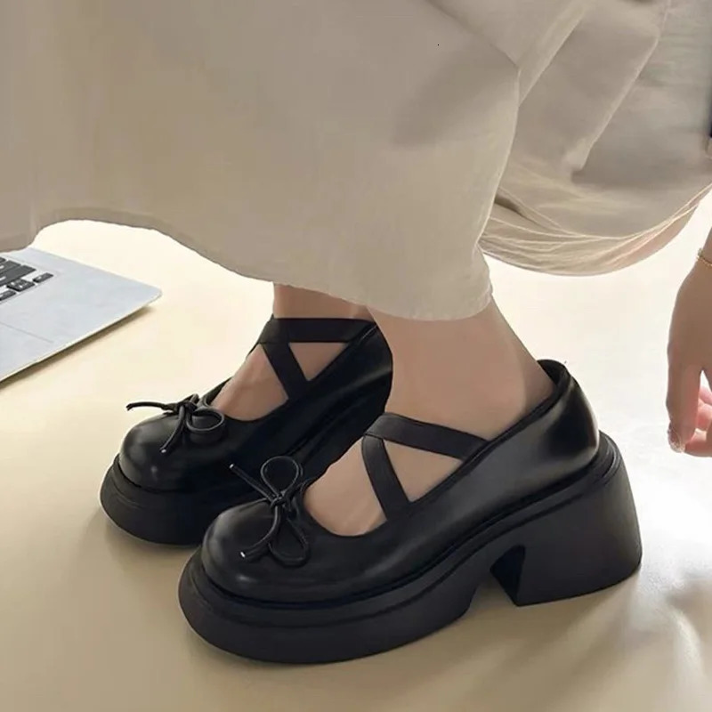 Women Bow Marie Jane Shoes Platform Fashion Mid Heels Sandals Pumps Lolita Shoes Dress Casual Chunky erm Mujer Shoes 241112
