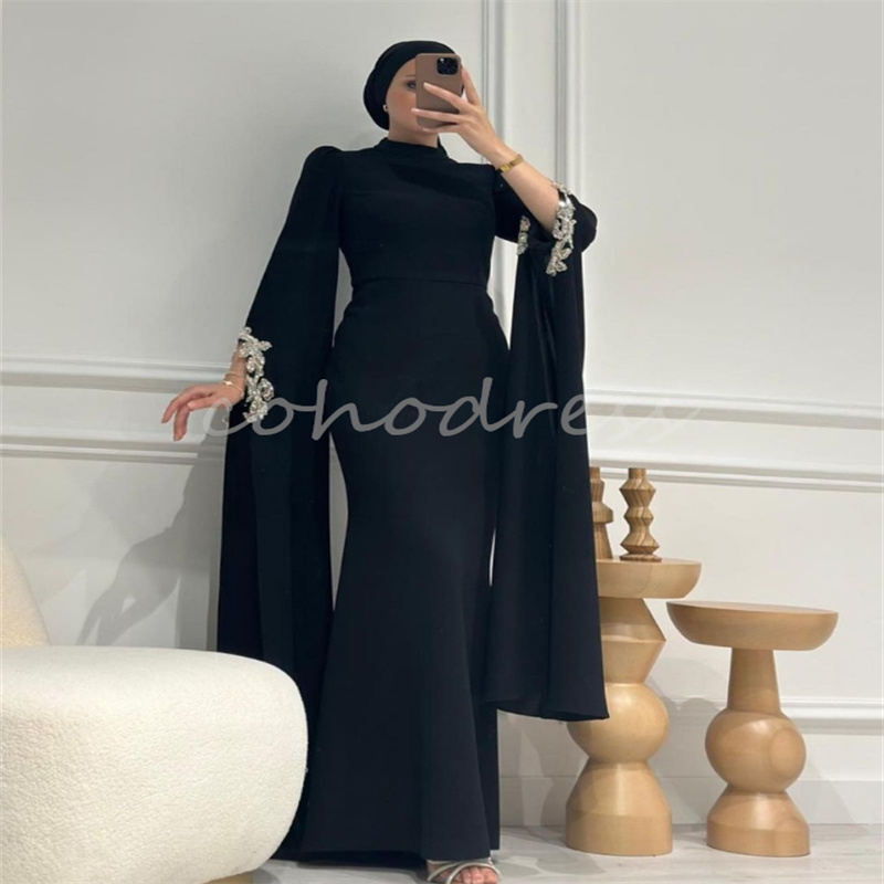 Elegant Islamic Evening Dress High Neck Long Sleeve Beaded Arabian Dubai Abaya Prom Dress Muslim Celebrity Mermaid Formal Birthday Party Gowns Vestio 