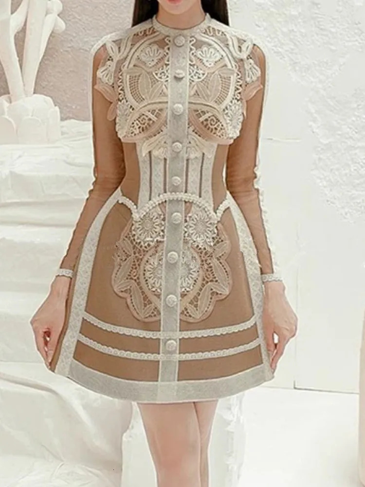 High Quality Luxury Design Vintage Lace Patchwork Runway Dress Womens Mesh Long Sleeve Elegant Dresses Female Clothing