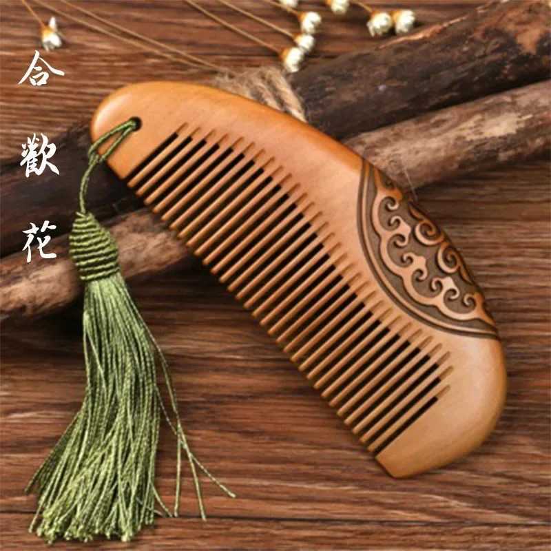 Thick and exquisite antique peach wood comb carved with electrostatic hair and wooden hair comb W241112