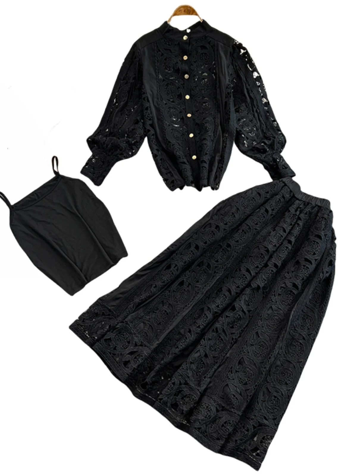 Fashion autumn lace two-piece dress set womens floral embroidery shirt white top Midi long skirt set 2-piece jacket 241112