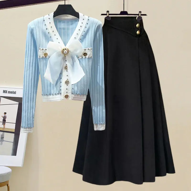 Spring and summer season set womens Korean version feels slim slim cardigan wool sweater Versatile half sleeved two-piece set 241112