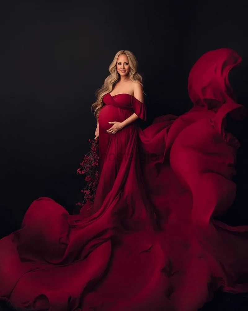 Maternity Dresses Women Maternity Off Shoulder Mermaid Chiffon Gown V Neck Elegant Fit Long Maxi Photography Baby Shower Dress for Photo Prop 24412