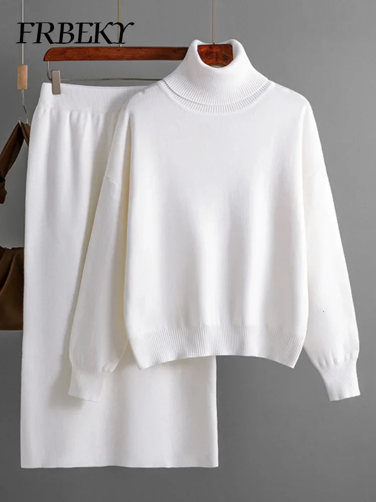 Dress set solid color turtle neck sweater half body bag hip set womens 2-piece casual knitted set 241112