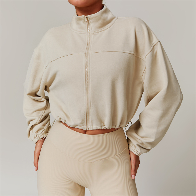 L8755 Womens Yoga Outfit Jackets Fitness Wear Tops Sweatshirt Sportswear Jackets Outdoor Casual Adult Long Sleeve Exercise Stand Collar Drawstring Pul