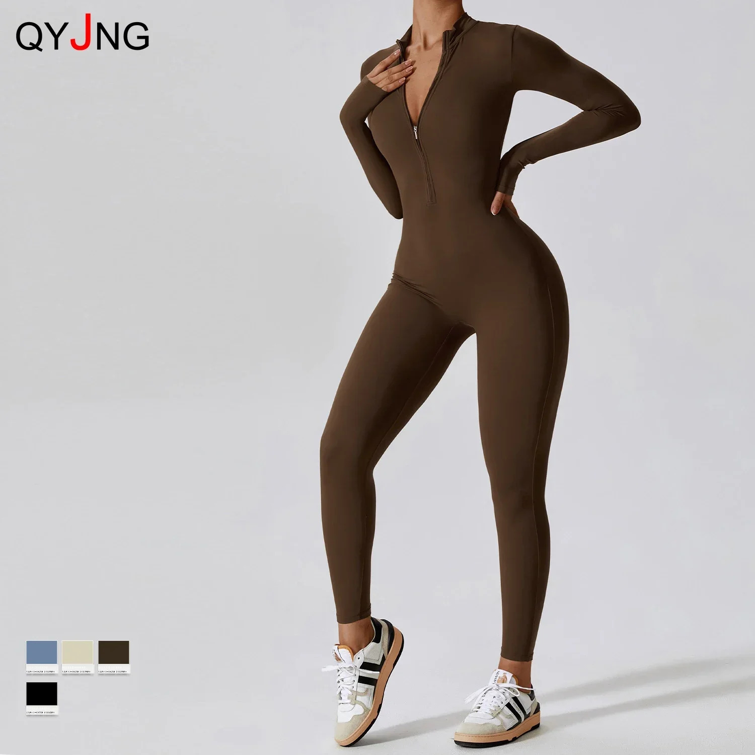 Fashion zipper long sleeved fitness suit womens sportswear quick drying gym yoga jumpsuit black sports suit womens one-piece set 241112