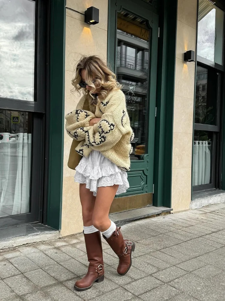 Knitted V-neck Casual Sheep Womens Cardigan Single Breasted Long Sleeved Contrasting Sweater Female Commuting High Streetwear 241112