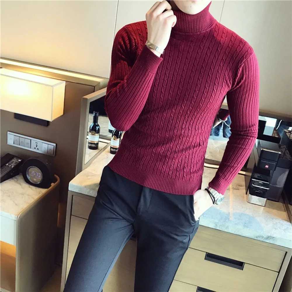 Mens Turtleneck sweater casual ultra-thin floral top autumn and winter mens sweater high neck knitted sweater W2411111
