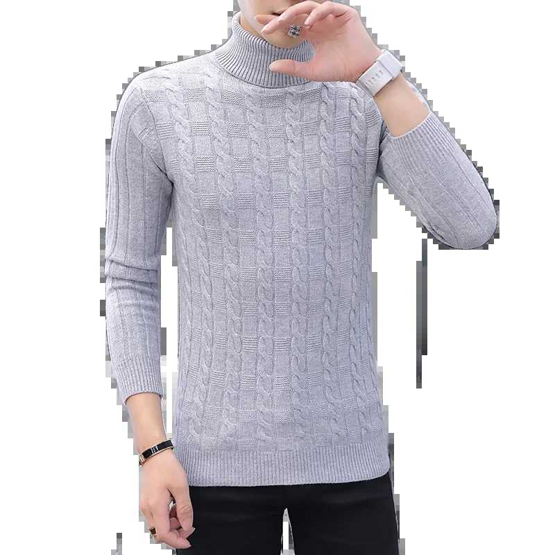 Mens casual solid color sweater long sleeved warm knit navy blue neck sweater mens clothing W2411111