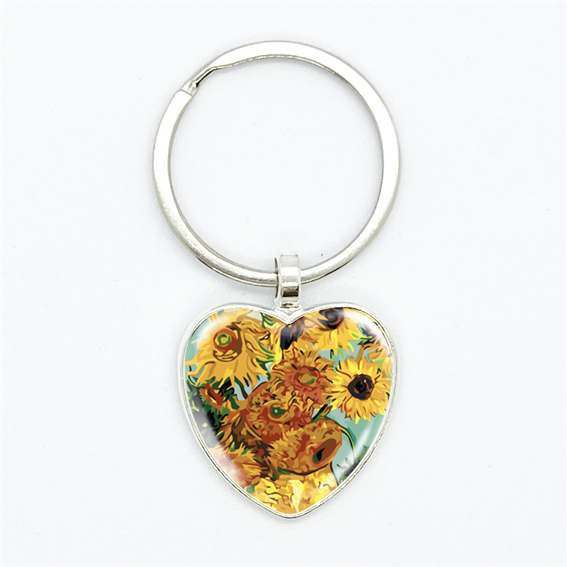 Van Gogh Oil Painting Heart Pendant Keychain Starry Night Art Picutre Glass Gem Key Chains Jewelry for Men Women 68d7b 5