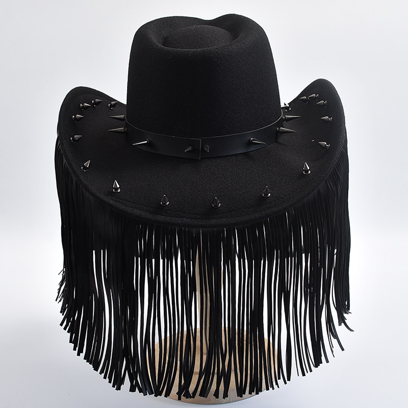 New Handmade Cowboy Hat for Men Women Punk Style Wide Brim Tassel Felt Jazz Hats Cowgirl Festivals Cosplay Party Accessory