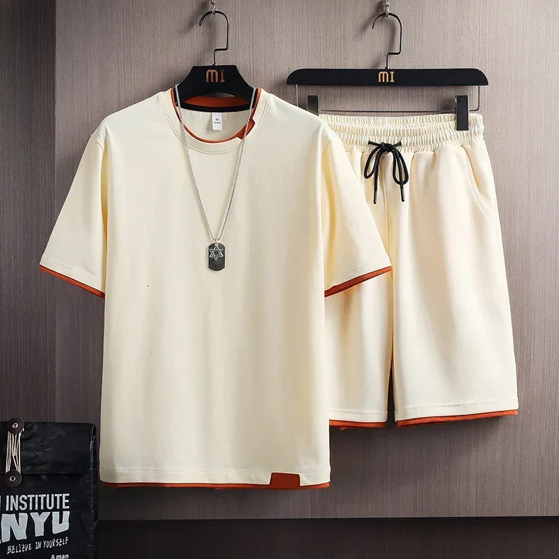 2024 Men Clothes Casual Summer Set Short Sleeve Fakte Two Piece Tshirt Shorts 2 Piece Set Male Sports Suit Harajuku Sports Set 240412