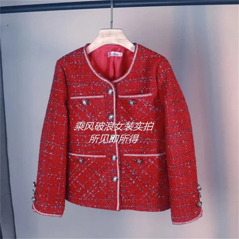 Vintage Red Tweed Coat Womens Autumn/Winter French Vintage Loose and Versatile Show Thin Temperament Woolen Jacket Fem 241112