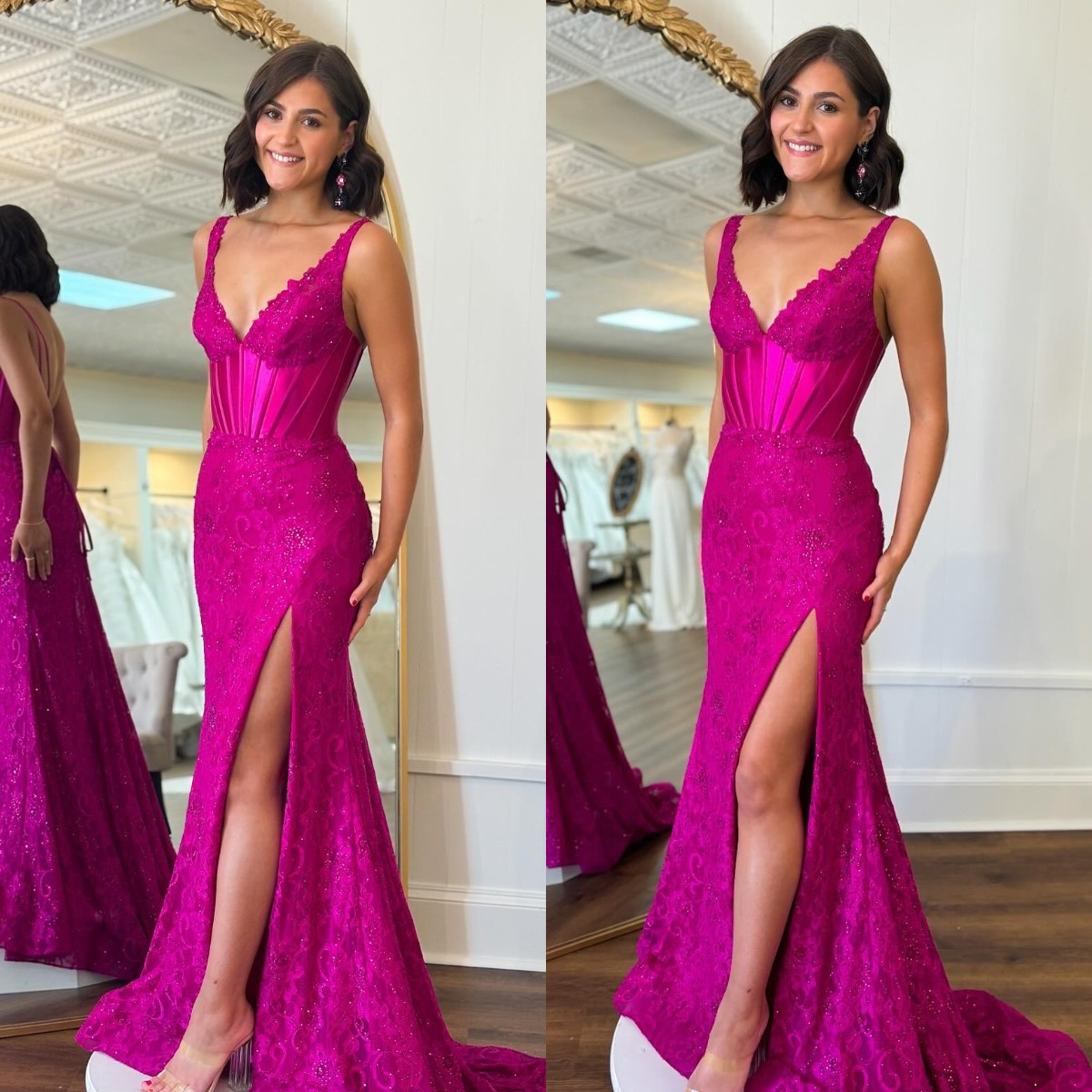 Sexy fuia mermaid prom dress v neck lace evening elegant thigh split backless satin formal dresses for women
