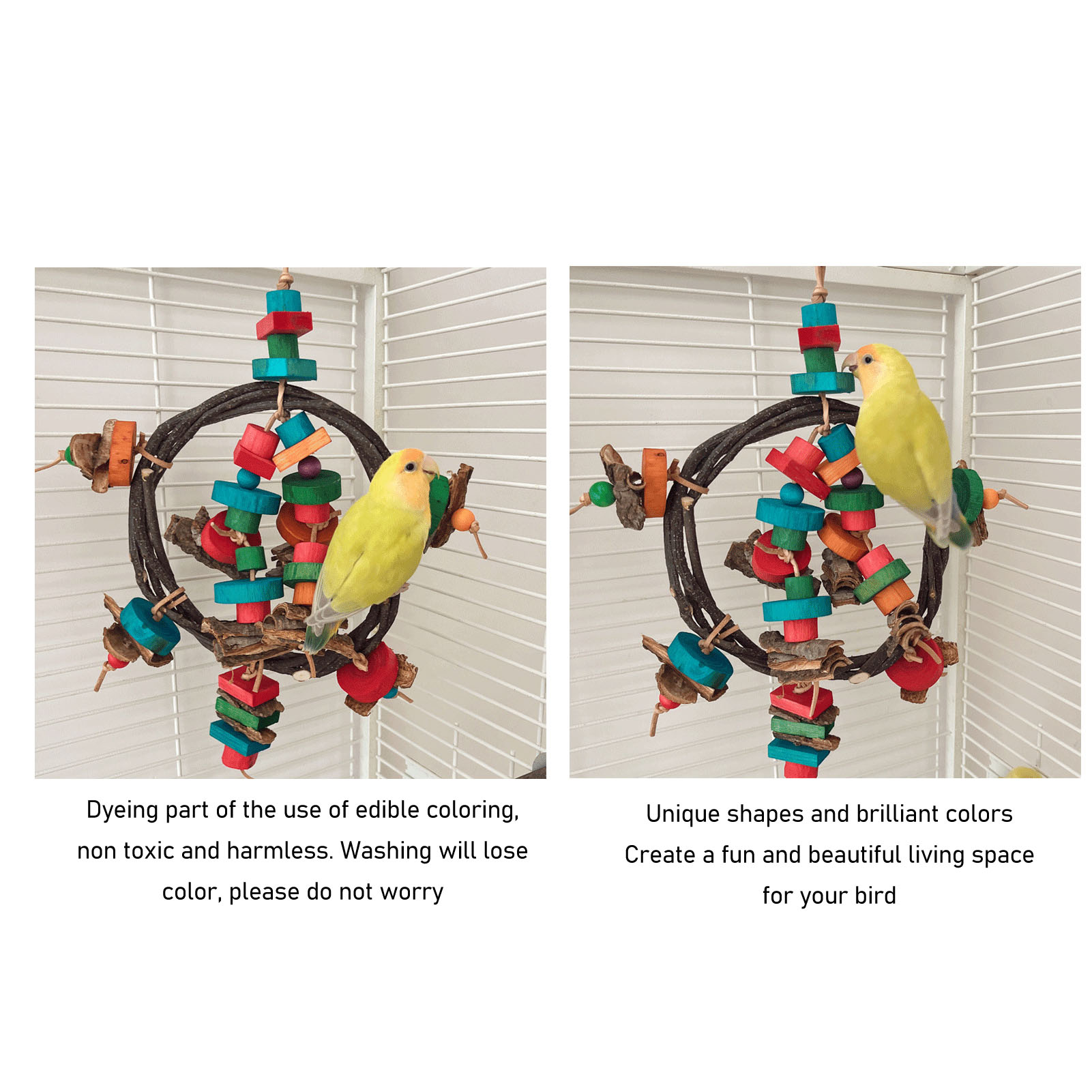Bird Cage Hanging Ring Toys Fun Colorful Bite Resistance Wooden Parrot Chew Toys For Budgies Cockatiels Conures Finches