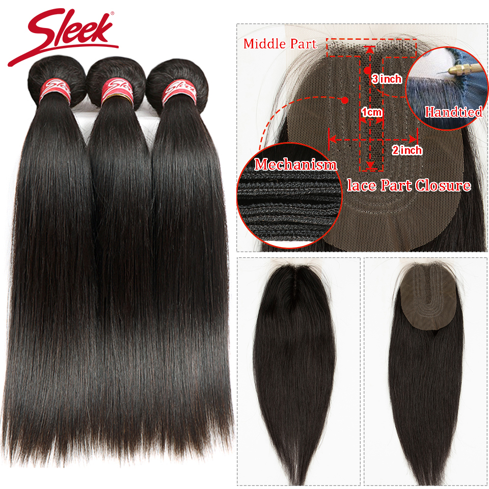 Sleek Brazilian Straight Hair Bundles With Closure Natural Color Hair Weave Remy Human Hair 3 Bundles With 2x4 Lace Closure 31e92