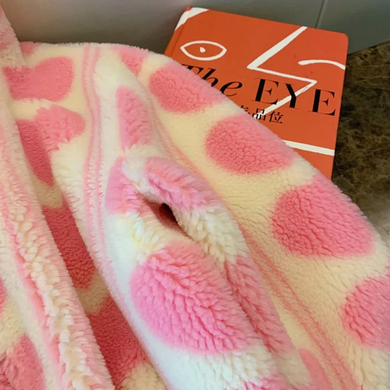 Winter Japanese Coats Korean Fashion Kawaii Lambswool Coats Pink Heart Shaped Womens Artificial Fur Teddy Jacket Coat Womens Coat 241112