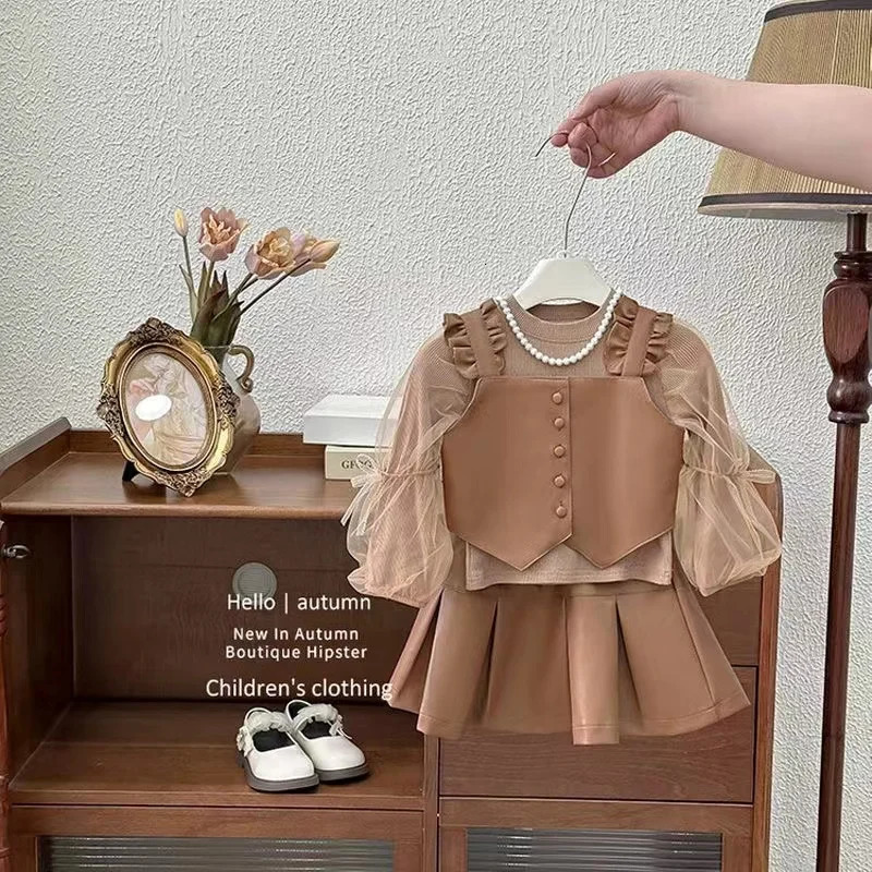 Children Autumn Winter Style Long Sleeve Sweater Vest PU Leather Short Skirt Girls Three Piece Set Kids Outfits 241112