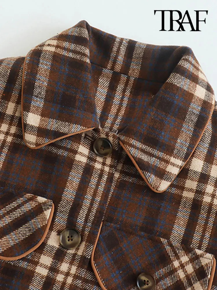 TRAF-Cropped Plaid Jacket for Women Long Sleeve Coat Button-up Female Outerwear Chic Tops Fashion 241112