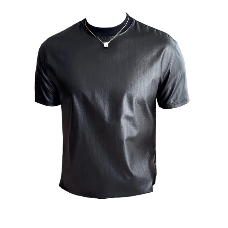 Shiny striped mens T-shirt with Korean fashion coating leather texture T-shirt for mens clothing O-neck ultra-thin suitable for casual T-shirt 241112