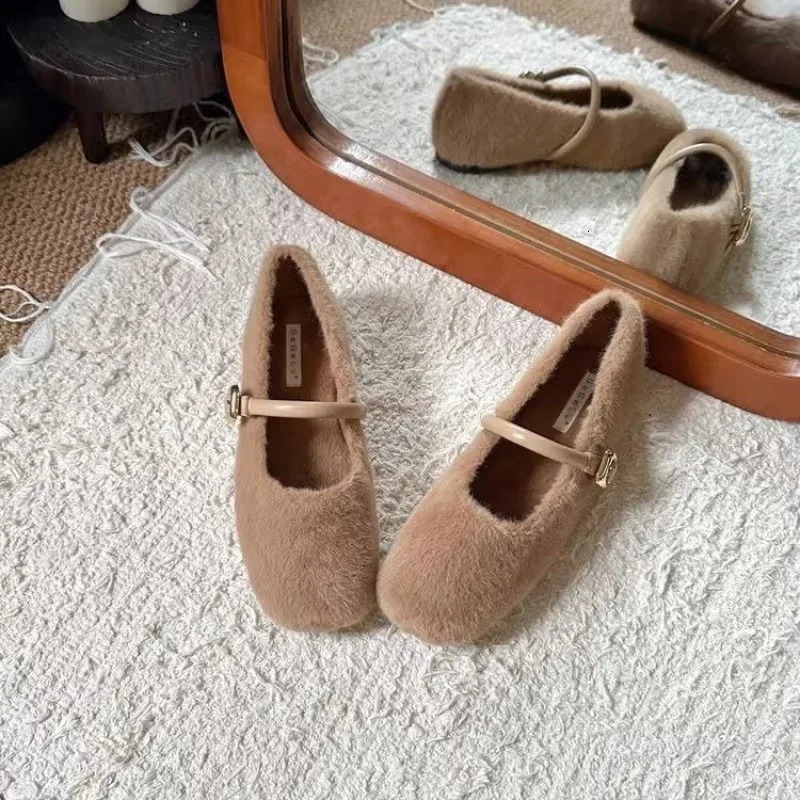 Elegant Buckle Fur Mary Jane Shoes for Women Comfortable Soft Fluffy Ballet Plain Knitted Women Plush Shallow Buckle Comfortable Dress 241111
