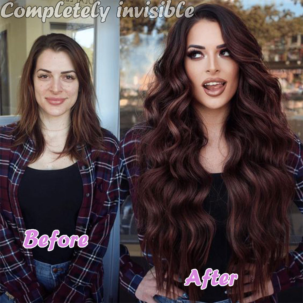 Synthetic Long Wavy Invisible Wire 4 Clip In Hair Extensions 22Inch Blonde Black Heat Resistant Hairpieces For Women Daily Party 59f01