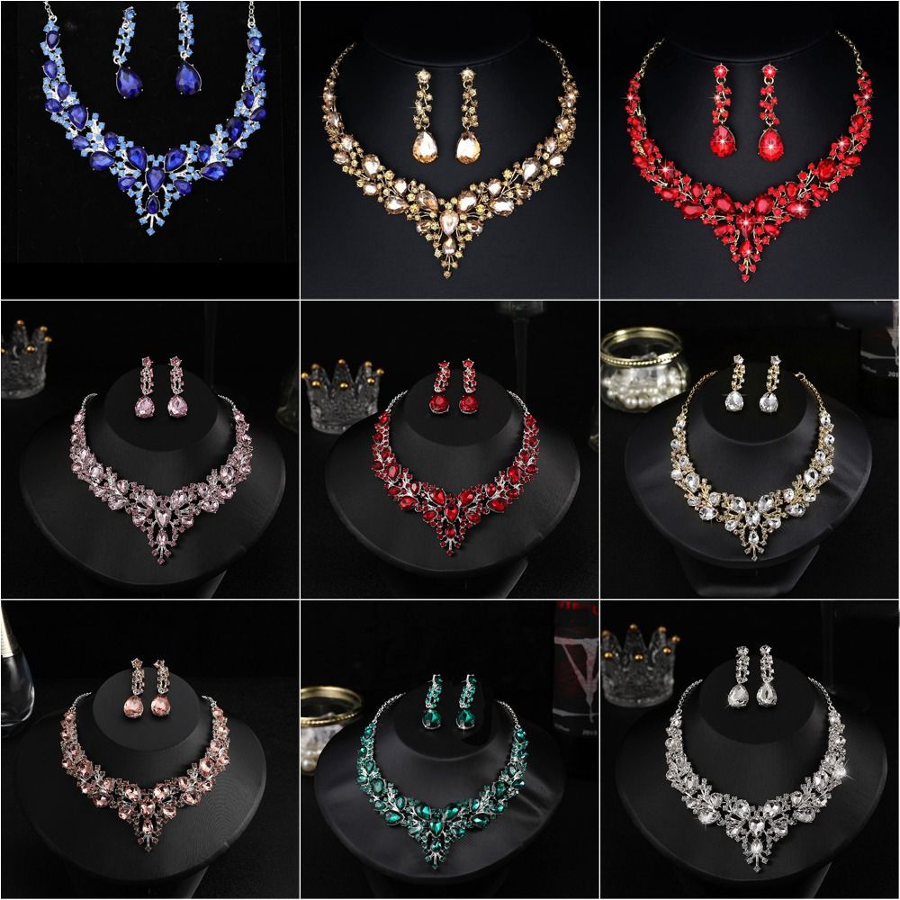 Jewelry Accessories Personality Crsytal Women Necklace Korean Style Earrings Necklace Ear Studs Set Wedding Jewelry Set a0ce8