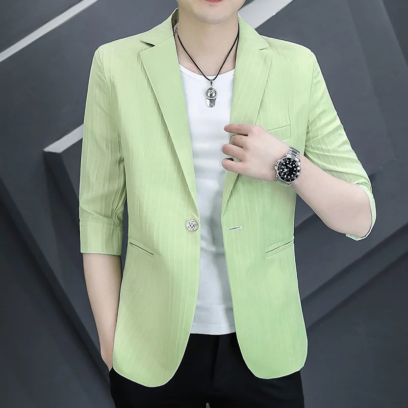 Summer Mens Solid Color Thin Coats Korean Single Button Slim Fit Suits Blazers Casual Outwear Mid Sleeve Small Top Jackets 240412