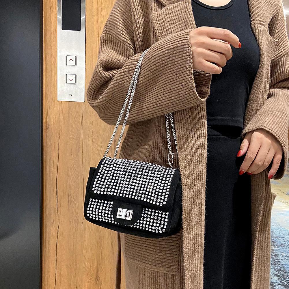 Vintage Leather Rhinestone Crossbody Bag Women Glitter Chain Shoulder Bags