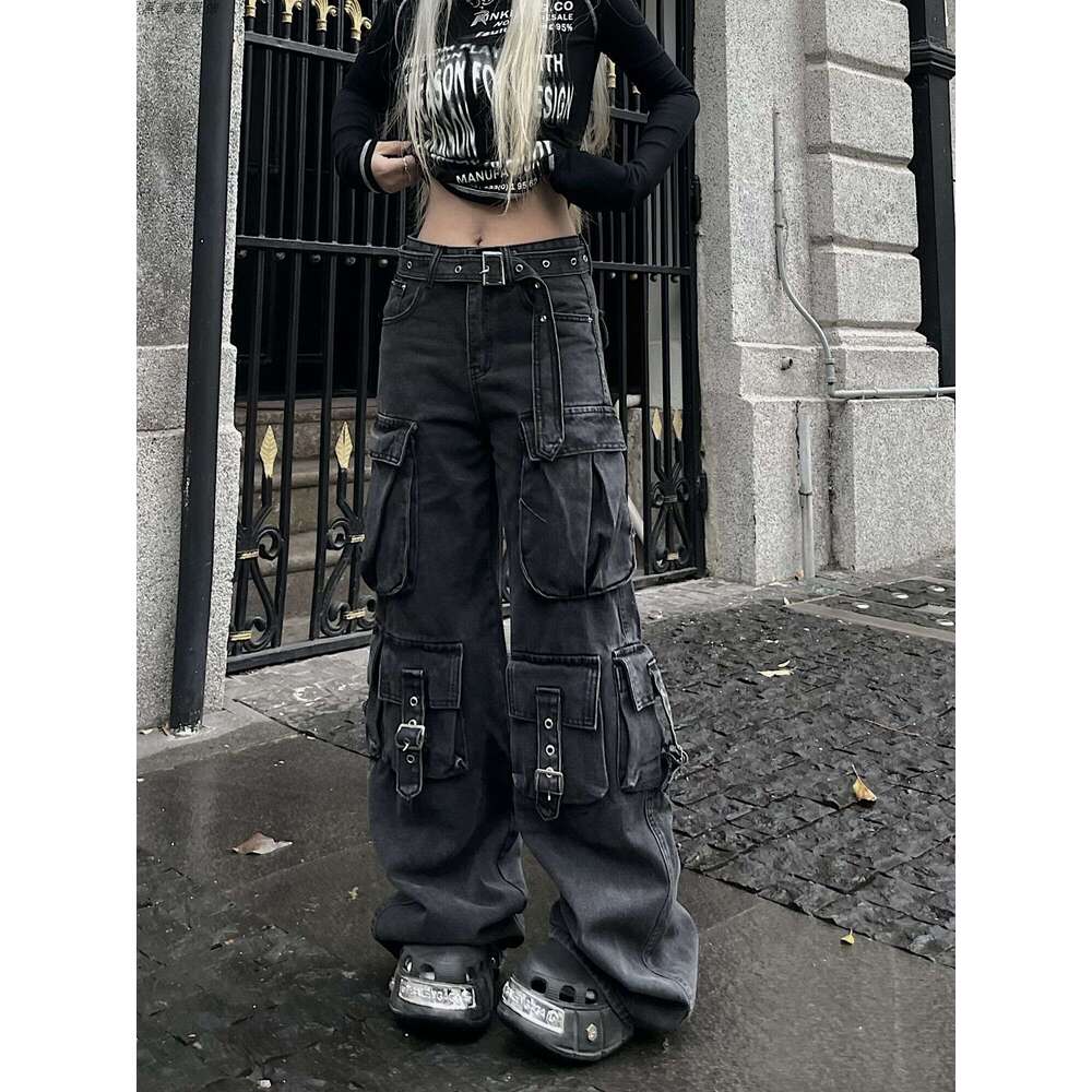Women's Wide-Leg For Small People, Dark High Street Heavy-Duty Design, Washed Multi-Pocket Loose Straight Work Jeans