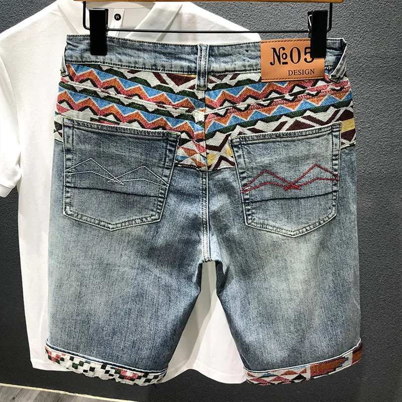 Summer Denim Shorts Mens Stitching Embroidery Ripped Kneelength Shorts White Black Retro Blue Fashion High Quality Jeans 240402