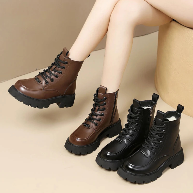 Winter Women Shoes Round Toe Chunky Heel Boots Genuine Leather Shoes for Women Warm Wool Snow Boots Zipper Platform Shoes Women 241112