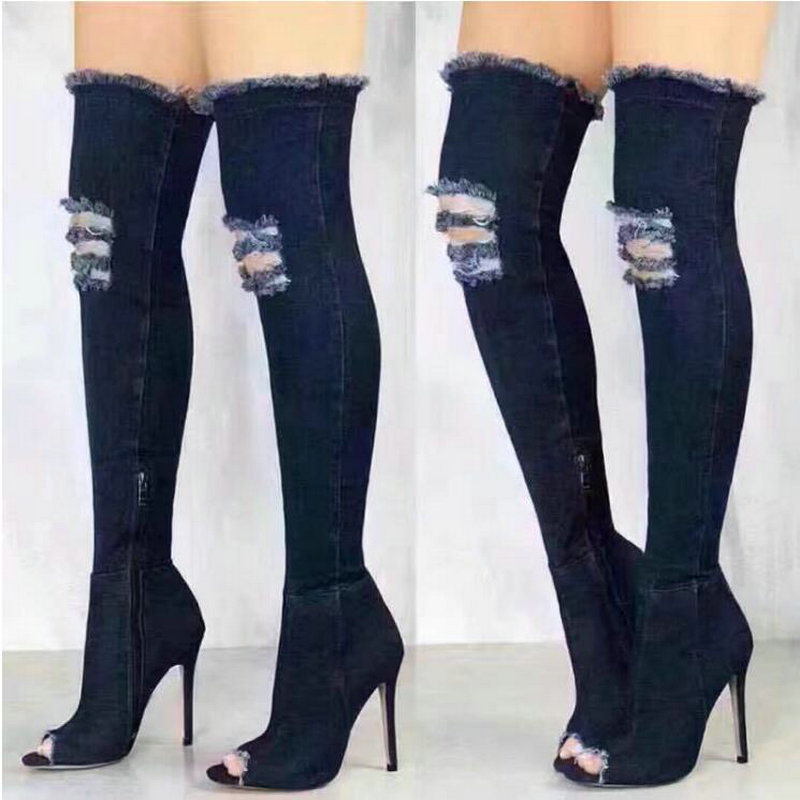 Women Autumn High Heels thigh high boots Female Shoes Hot Over The Knee Peep Toe Cowboy Boots Denim shoes 2023 6784