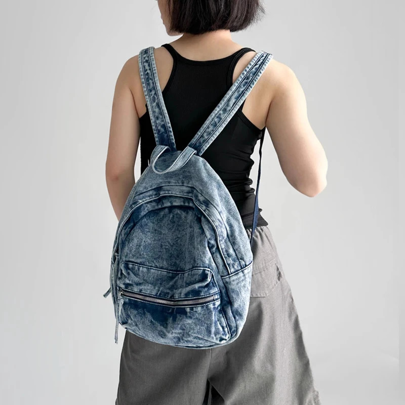 Retro washed denim womens backpack trend tie dye college backpack Y2K travel school backpack 241111