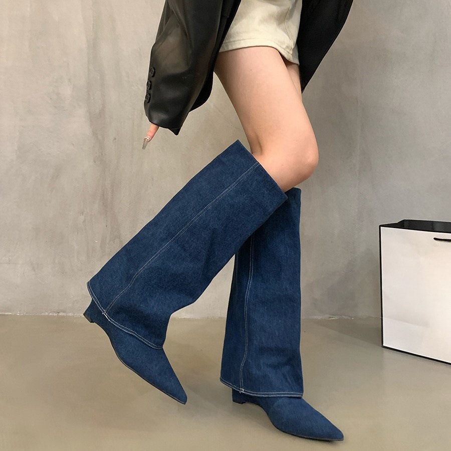 Women's Boots:Fashion Simple Design Long Boots Pointed Toe 2024 New Retro High Heel Spicy Girl Versatile,Blue/Apricot,Free shipping