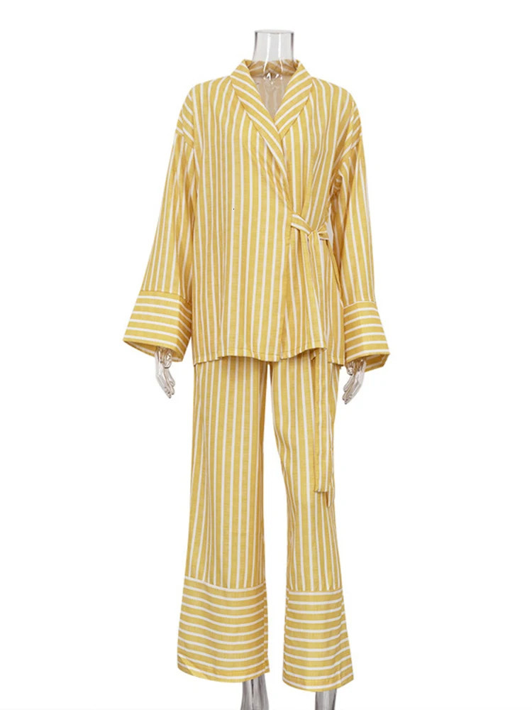 Casual yellow striped home set elegant high waisted wide pants set fashionable long sleeved shirt two-piece set pajamas set womens clothing set 241112