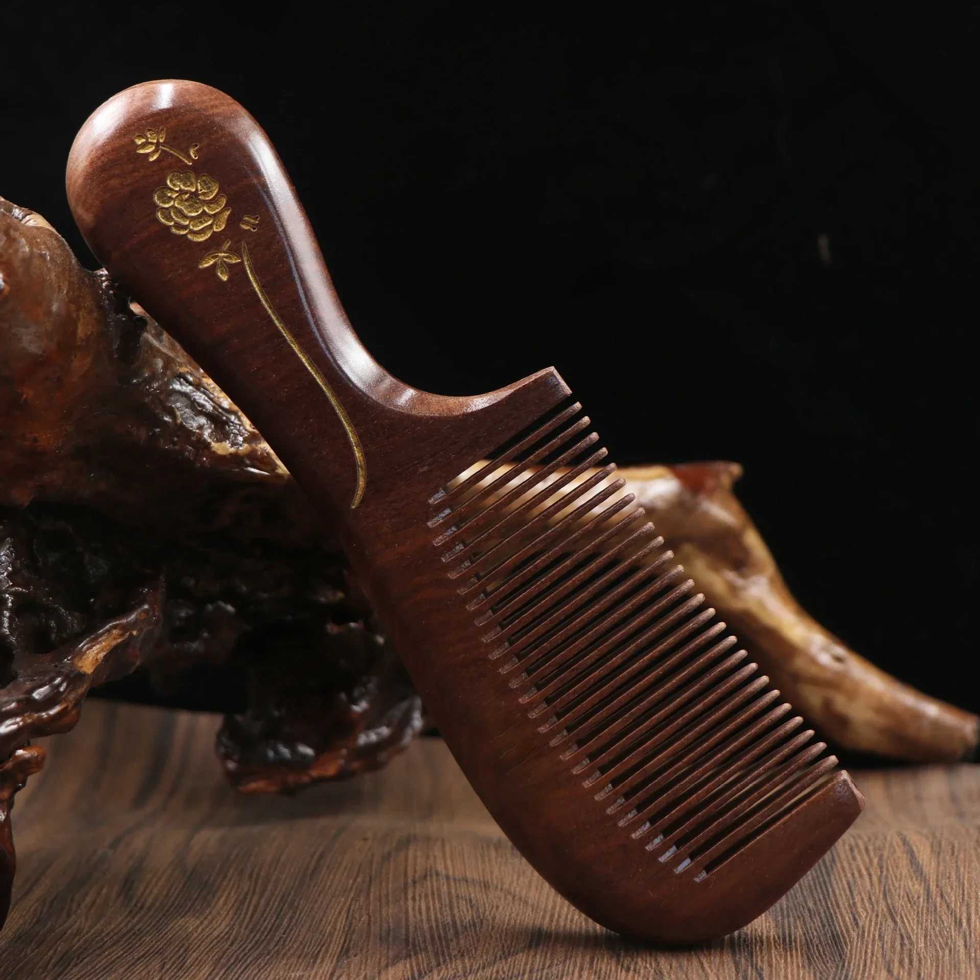 Golden silk sandalwood crescent 6cm anti-static comb with curly wood comb W241112