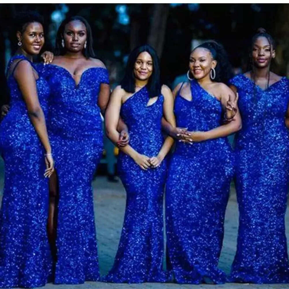 Royal Blue Sequins Bridesmaid Dresses Mermaid Or Length Satin One Shoulder Custom Made Plus Size Maid Of Honor G