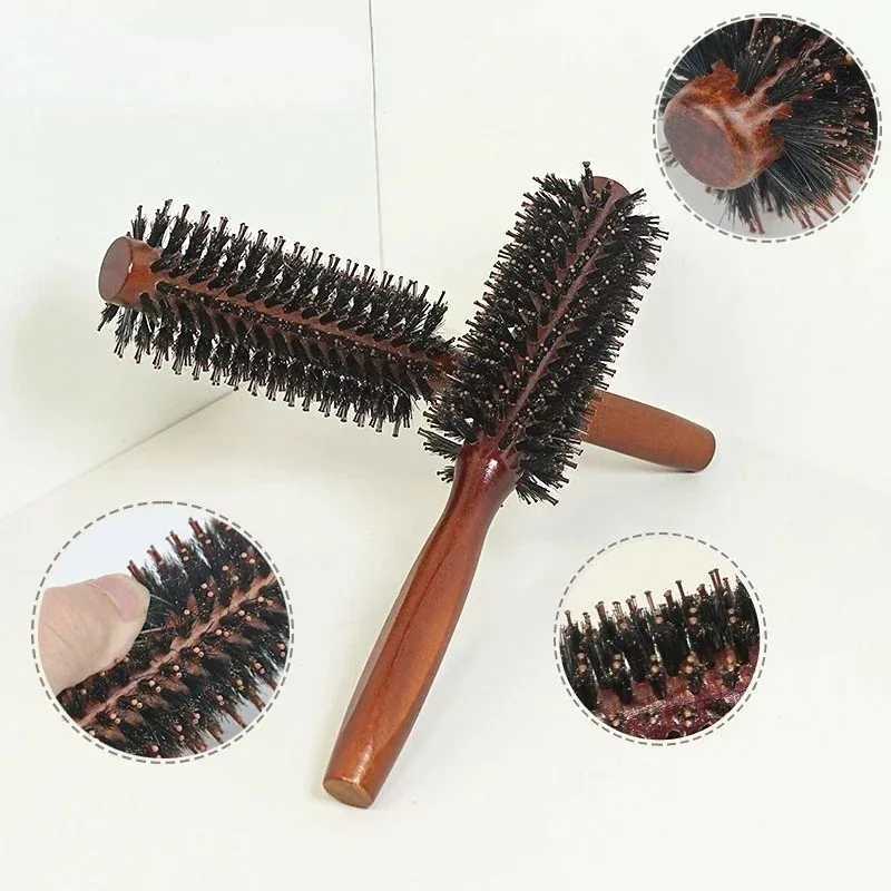 Type 3 Solid Wood Curling Comb for Pig Mane Natural Pig Mane Curling Brush Round Barrel Hair Dryer Curling Styling Tool W241112