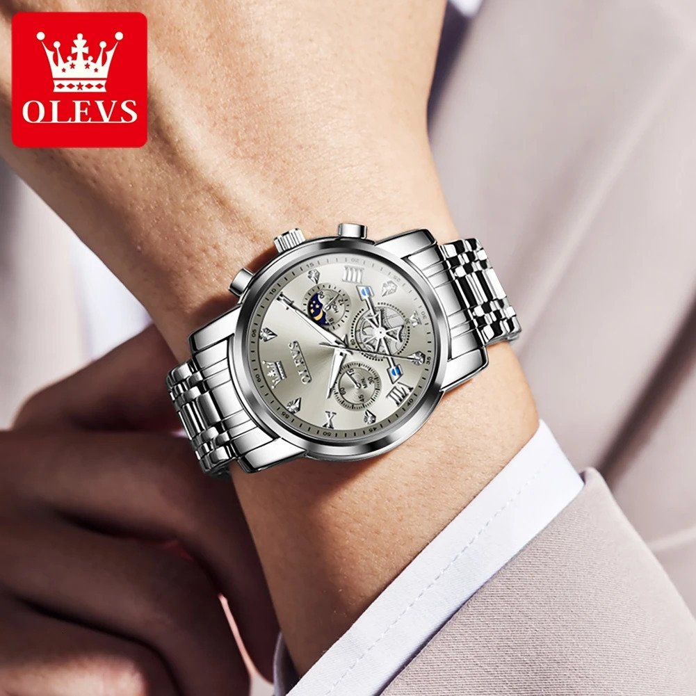 OLEVS mens classic multifunctional Fltwheel chronograph original quartz watch moon phase 24-hour waterproof reloj 241112