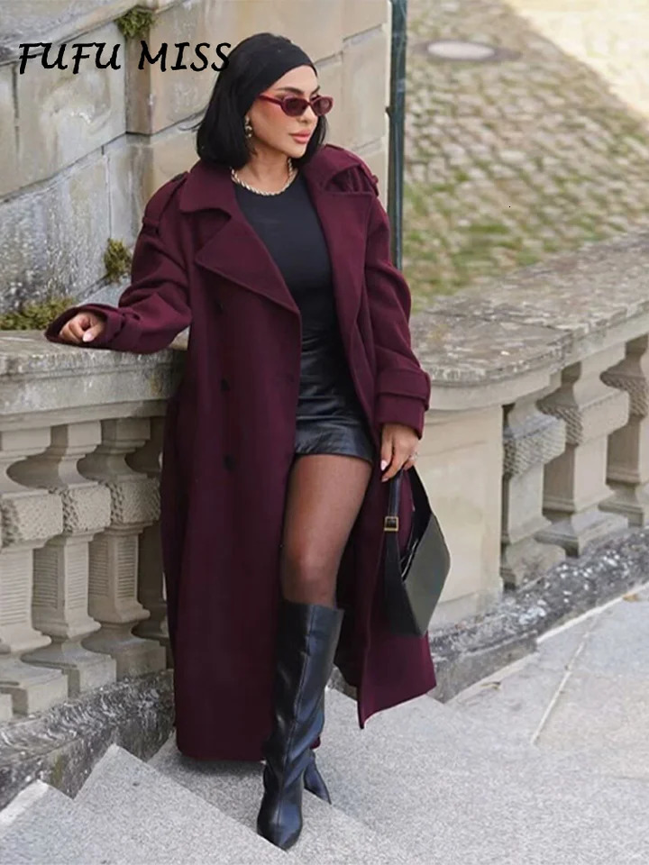Burgundy Woolen Lapel Lace Up Overcoat For Women Full Sleeve Double Breasted Loose Long Coats 2024 Autumn Winter Lady Outwear 241112