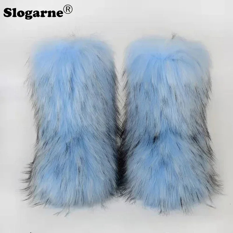 Womens Winter Fluffy Faux Fox Fur Boots Woman Plush Warm Snow Boots Footwear Girls Furry Fur Bottes Fashion Winter Shoe 241112