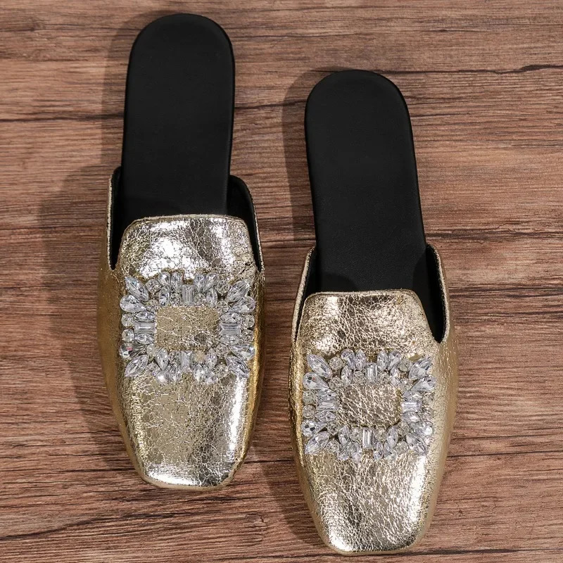 Womens Slide 2024 Spring/Summer Mule Slide Rhinestone Womens Flat Slide Pantuflas De Mujer 241111