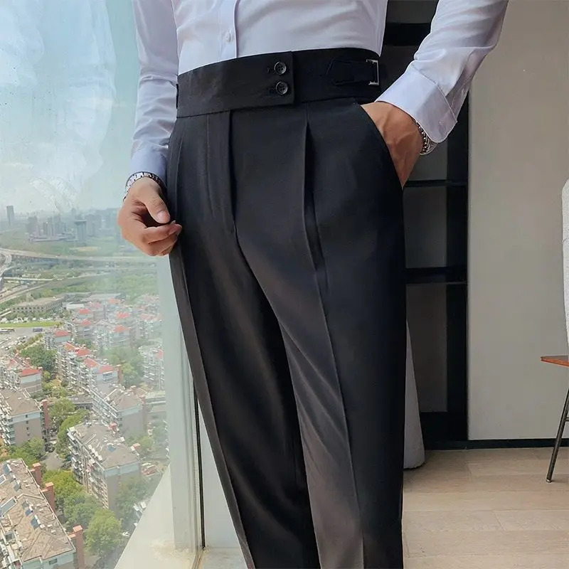 Spring and Autumn Fashion Korean Edition Casual Business High Waist Button Slim Fit Straight Tube Non Iron Mens Suit Pants 241112