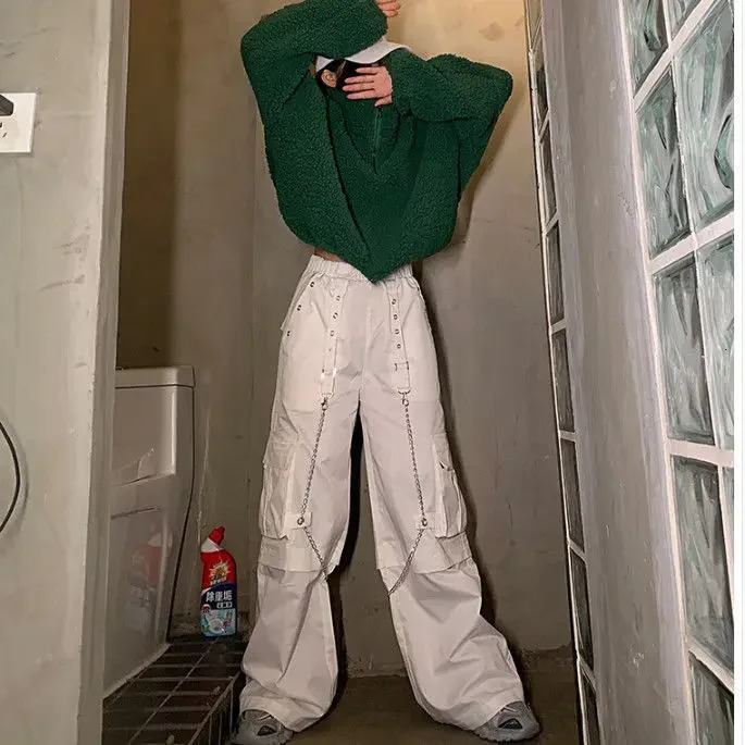 White Cargo Pants Women High Waist Harajuku Wide Leg Loose Fashion Casual Streetwear Chain Trousers Joggers Pantalones 241112