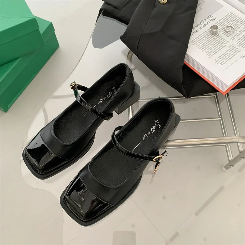 er Women Mary Jane Shoes Spring Leahter Shoes Fashion Buckle Female Square Head Toe Mid Heel Elegant Woman Pumps 241112