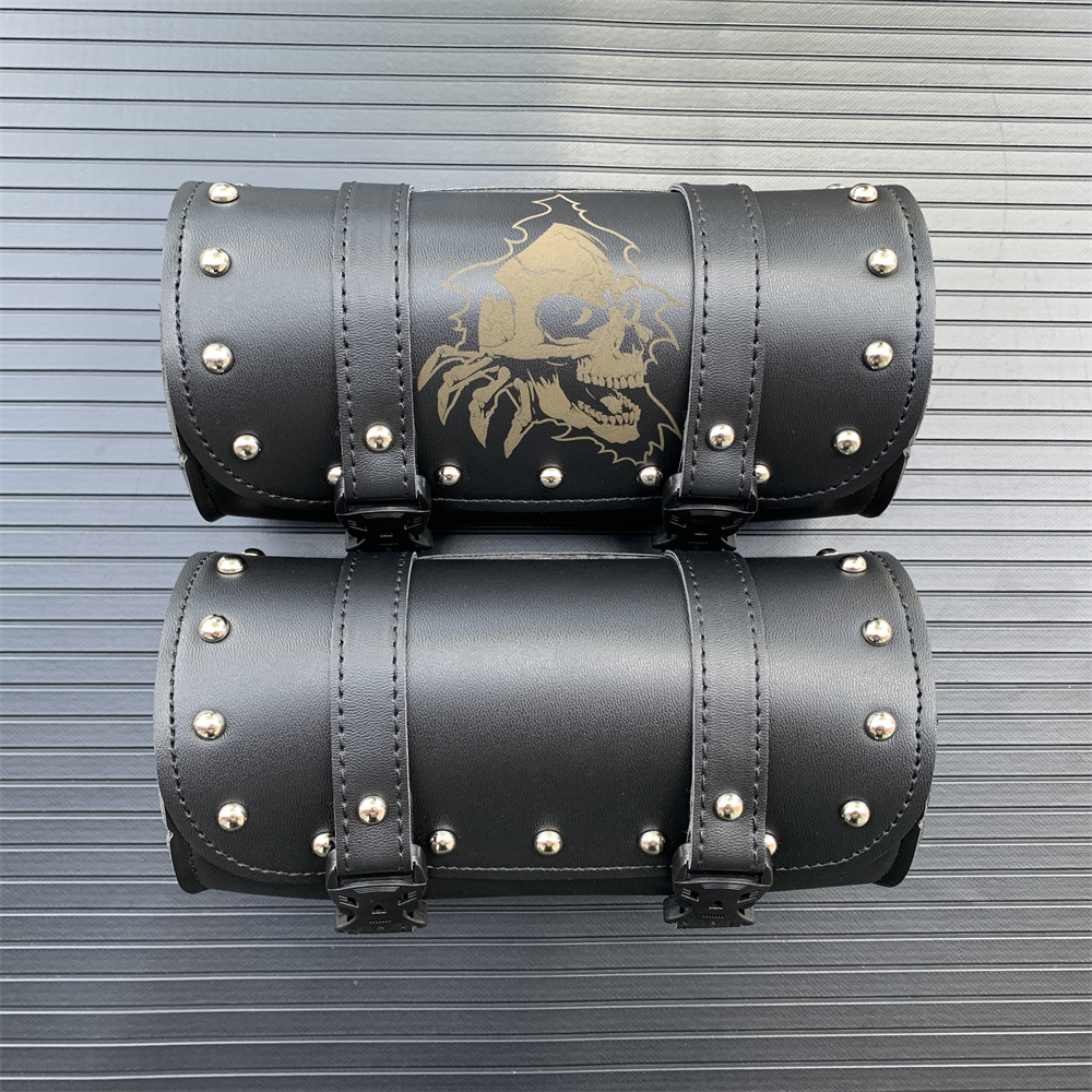 Universal Black Skull Motorcycle Handlebar Durable Waterproof PU Leather Saddlebags Storage Pocket Tools Holder Bag