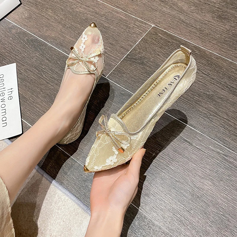 Metal toe lace embryo flat shoes for women breathable summer wool mesh lace ballet flat shoes for women moccassis size 41 241111