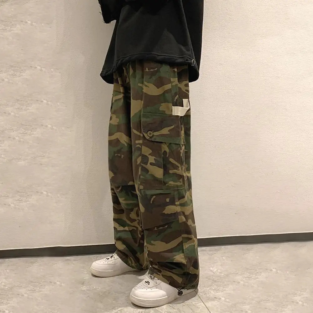 Straight Men Wide Leg Pants Camouflage Jogging Trousers Drawstring Elastic Waist Wide Male Casual Pants Vintage Cargo Pants 241112