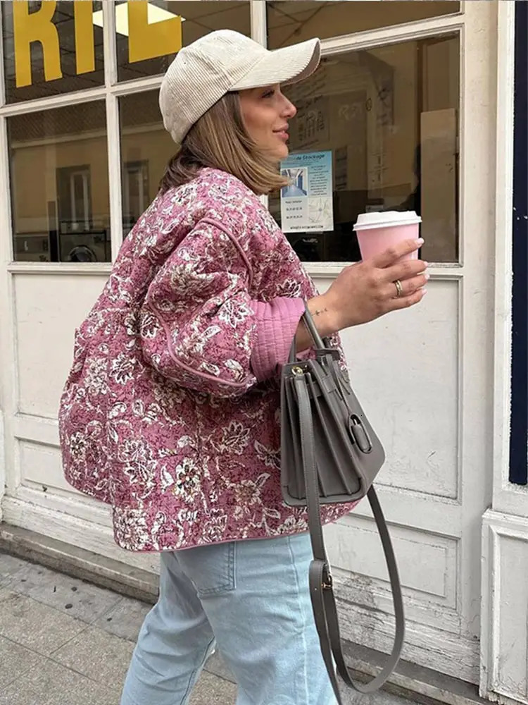 Womens Quilted Jacket Fall Winter Floral Print Thickened Stand-up Collar Cotton Jacket Fashionable Outerwear Jacket 241112